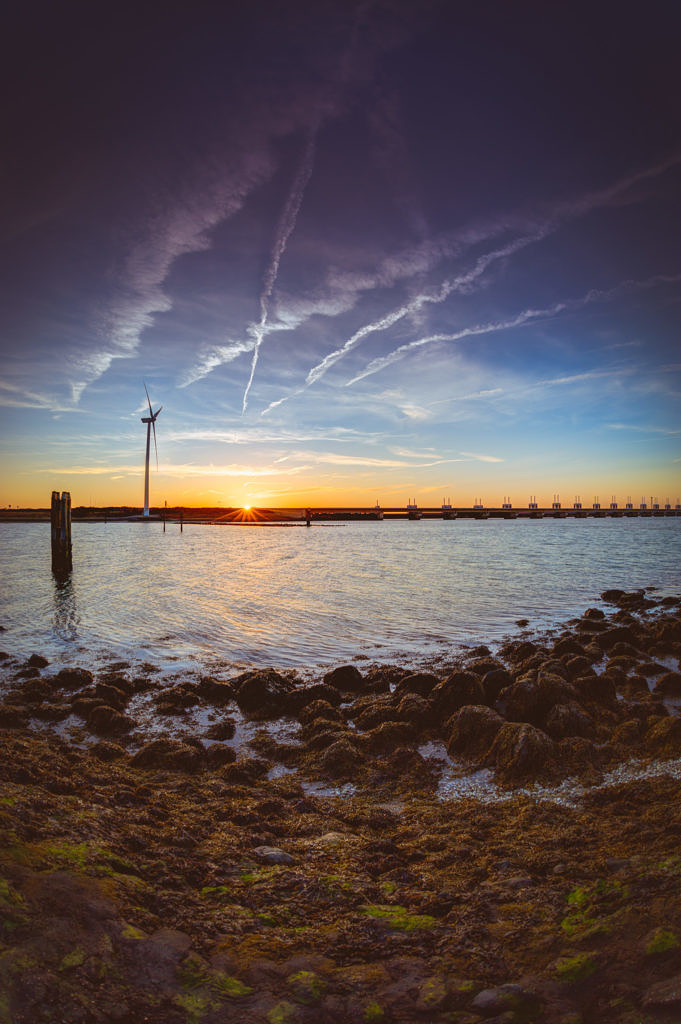 Oosterschelde storm surge barrier sunset